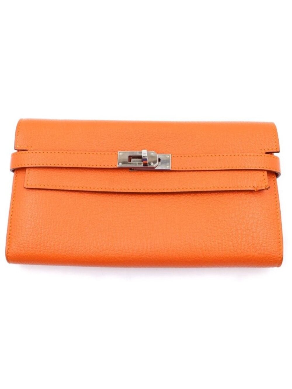 Hermes Kelly Wallet Silver Chevre Orange
